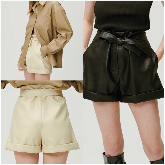 Storets Rachel Paperbag Pleather Vegan Leather Shorts in Black- NEW - Picture 1 of 6
